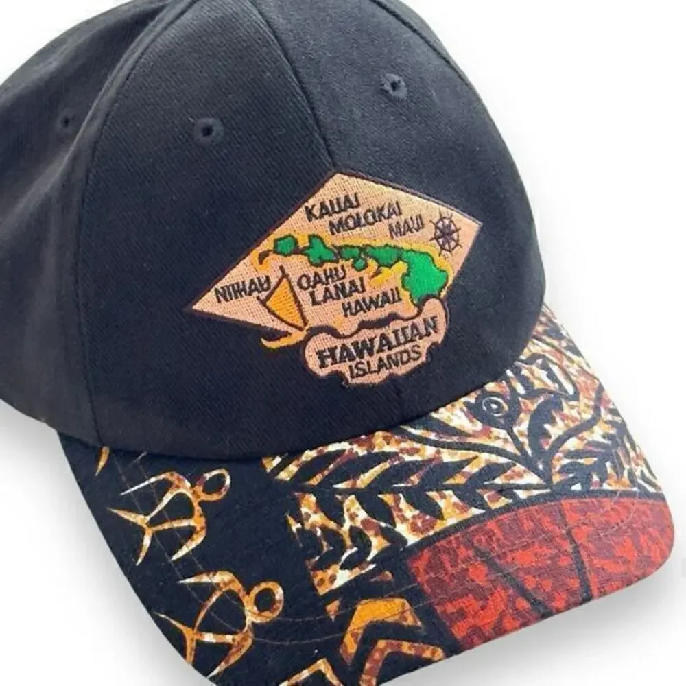 Vintage Hawaiian Islands Tribal Hat Strapback Black Brown Embroidered Hawaii